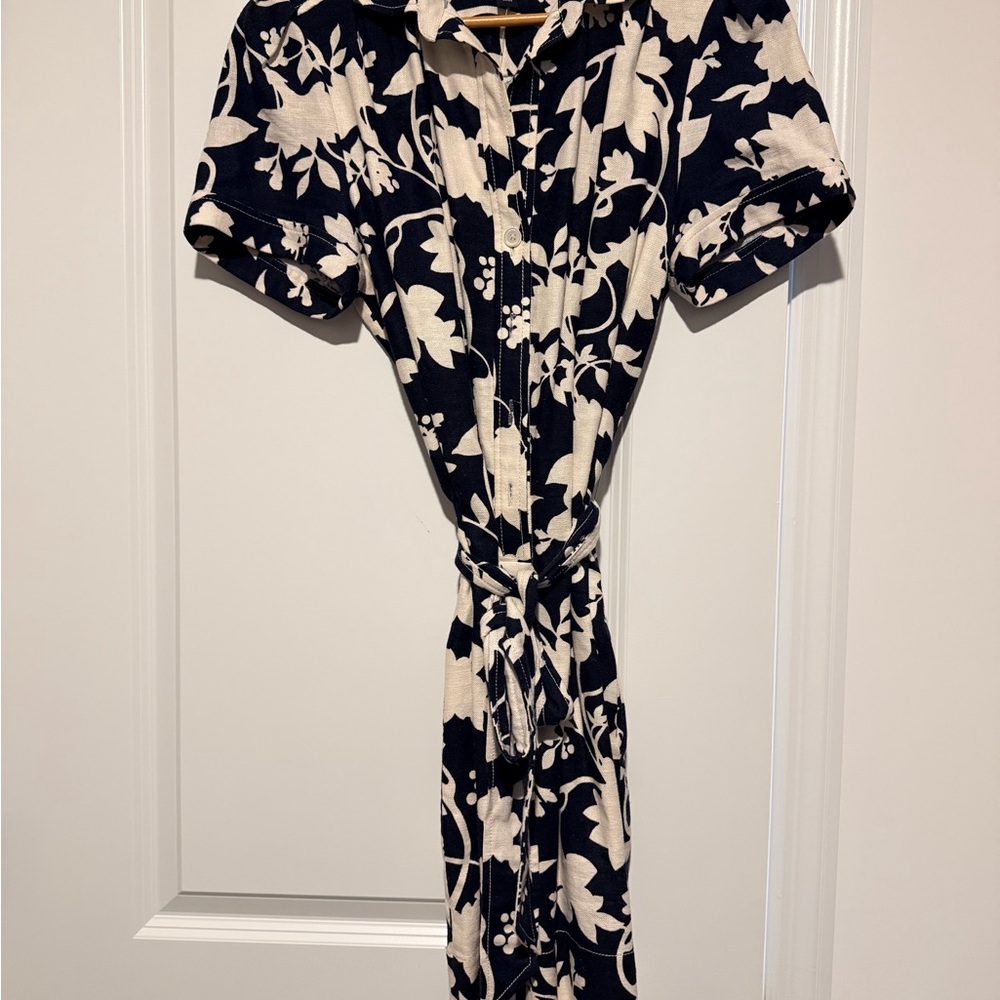 Banana Republic Black and Cream Floral Midi Shirt Dress